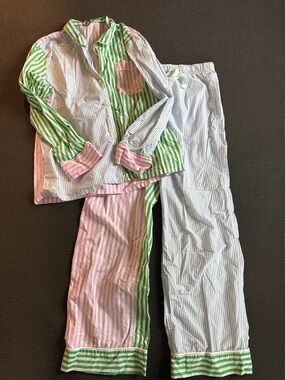 J. Crew Striped Cotton Pajama Set - Pink, Green, White